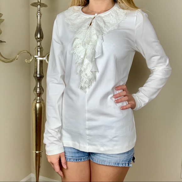 CAbi Tops - CAbi Sweet Tee lace ruffle white keyhole neck top